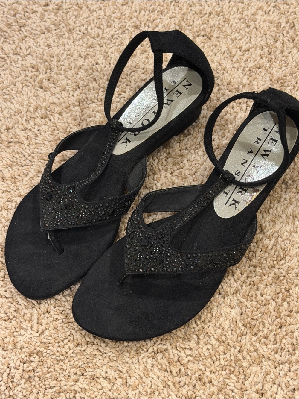 New York Transit Black Beaded T-Strap Sandals